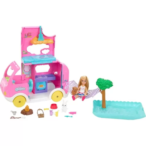 Barbie Toy Camper ampamp Chelsea Doll 2in1 Playset with 2 Pets ampamp 15 Accessories Vehicle Transforms into Camp Site Amazon Exclusive