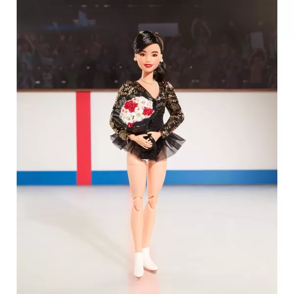 imageBarbie Inspiring Women Doll Kristi Yamaguchi Collectible in 1992 Winter Olympics Costume Sparkly Black and Gold Leotard and White Skates