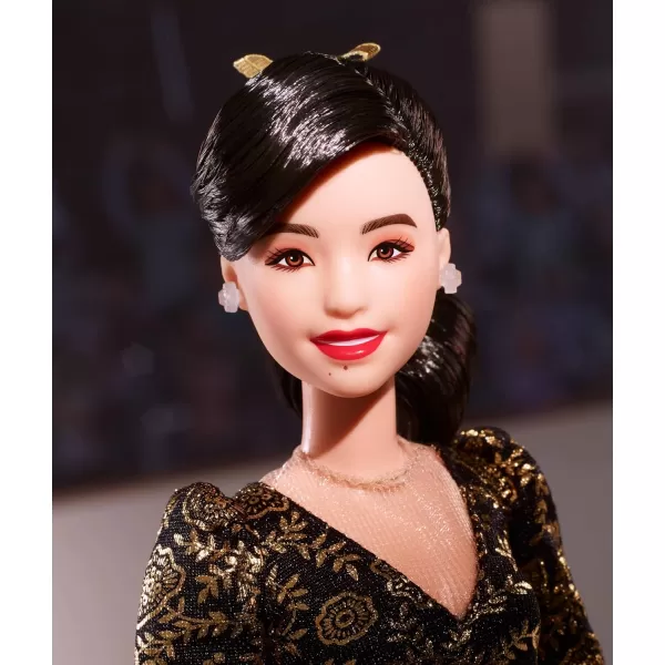 imageBarbie Inspiring Women Doll Kristi Yamaguchi Collectible in 1992 Winter Olympics Costume Sparkly Black and Gold Leotard and White Skates