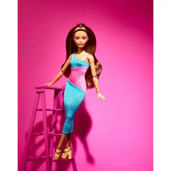 imageBarbie Looks Fashion Doll with Brown Hair Wearing OneShoulder Pink ampamp Blue Midi Dress Collectible with Posable Made to Move Body