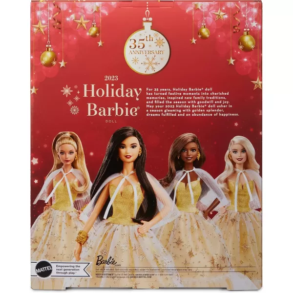 imageBarbie Signature 2023 Holiday Doll Blonde Hair Wearing Golden Gown Collectible with Doll Stand ampamp Certificate of AuthenticityBlack