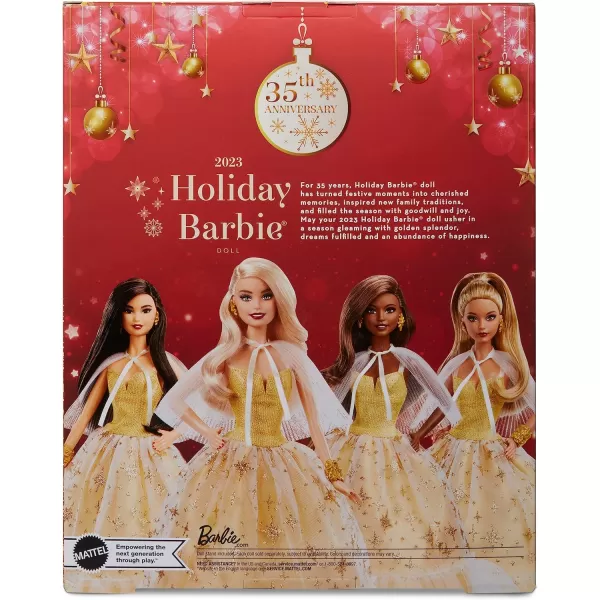 imageBarbie Signature 2023 Holiday Doll Blonde Hair Wearing Golden Gown Collectible with Doll Stand ampamp Certificate of AuthenticityBlonde