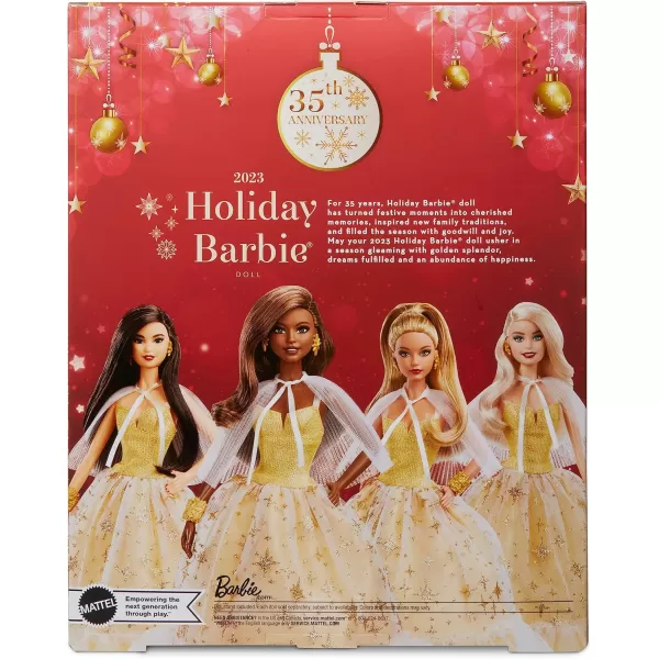 imageBarbie Signature 2023 Holiday Doll Blonde Hair Wearing Golden Gown Collectible with Doll Stand ampamp Certificate of AuthenticityDark Brown