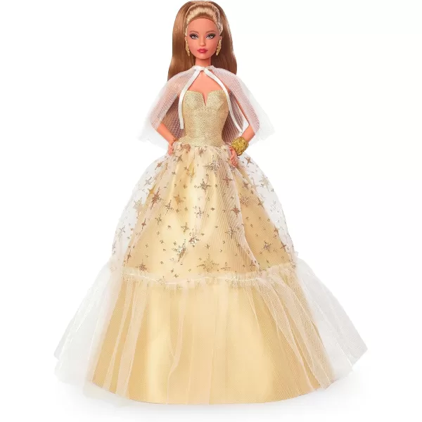 imageBarbie Signature 2023 Holiday Doll Blonde Hair Wearing Golden Gown Collectible with Doll Stand ampamp Certificate of AuthenticityLight Brown