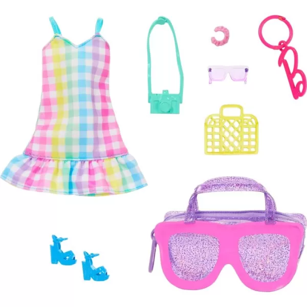 imageBarbie Clothes ampamp Accessories Deluxe SunglassesShaped Bag with Keychain Multicolor Gingham Dress ampamp Summery Accessories DollsSummer Time