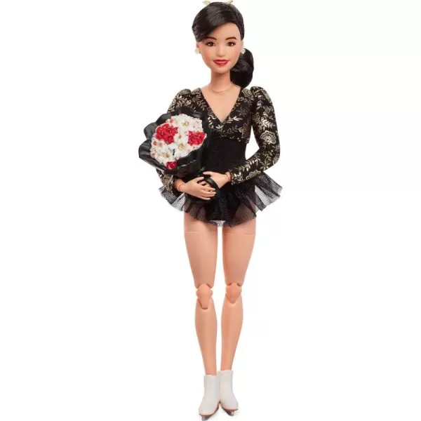 imageBarbie Inspiring Women Doll Kristi Yamaguchi Collectible in 1992 Winter Olympics Costume Sparkly Black and Gold Leotard and White Skates