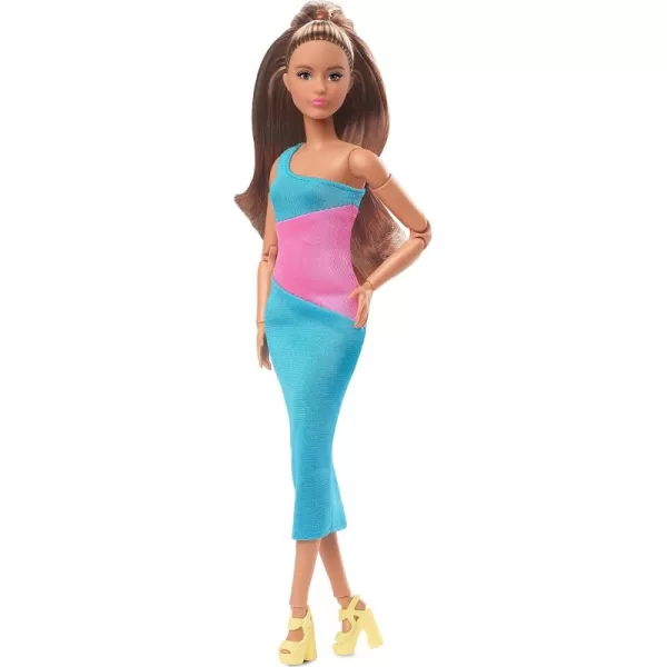 imageBarbie Looks Fashion Doll with Brown Hair Wearing OneShoulder Pink ampamp Blue Midi Dress Collectible with Posable Made to Move Body