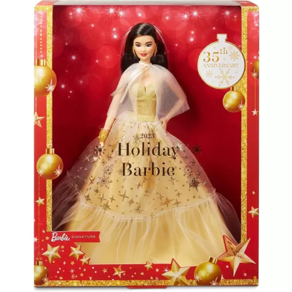 imageBarbie Signature 2023 Holiday Doll Blonde Hair Wearing Golden Gown Collectible with Doll Stand ampamp Certificate of AuthenticityBlack