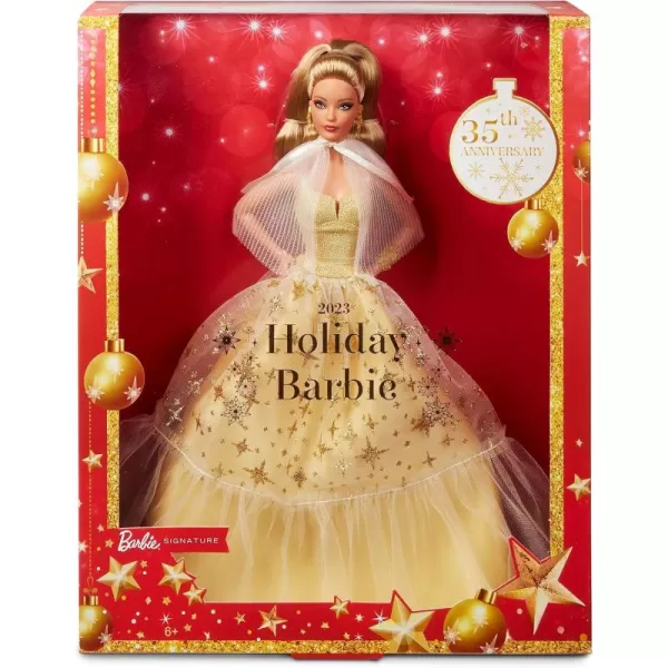 imageBarbie Signature 2023 Holiday Doll Blonde Hair Wearing Golden Gown Collectible with Doll Stand ampamp Certificate of AuthenticityLight Brown