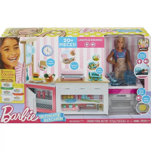 imageBarbie Careers Playset Ultimate Kitchen Set with Blonde Chef Fashion Doll Food Molds 5 Dough Colors ampamp 20 Accessories Lights ampamp Sounds Amazon ExclusiveFrustration Free