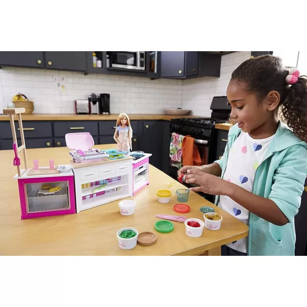 imageBarbie Careers Playset Ultimate Kitchen Set with Blonde Chef Fashion Doll Food Molds 5 Dough Colors ampamp 20 Accessories Lights ampamp Sounds Amazon ExclusiveFrustration Free