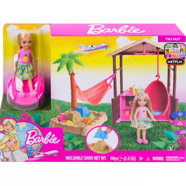 imageBarbie Dreamhouse Adventures Chelsea Doll ampamp Tiki Hut Playset with Moldable Sand Hammock ampamp Accessories Blonde Small Doll