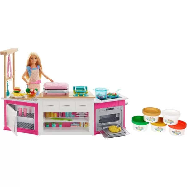 imageBarbie Careers Playset Ultimate Kitchen Set with Blonde Chef Fashion Doll Food Molds 5 Dough Colors ampamp 20 Accessories Lights ampamp Sounds Amazon ExclusiveStandard