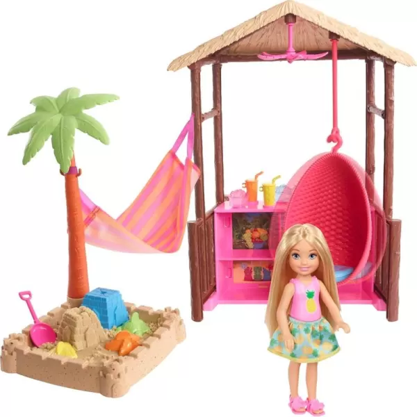 imageBarbie Dreamhouse Adventures Chelsea Doll ampamp Tiki Hut Playset with Moldable Sand Hammock ampamp Accessories Blonde Small Doll