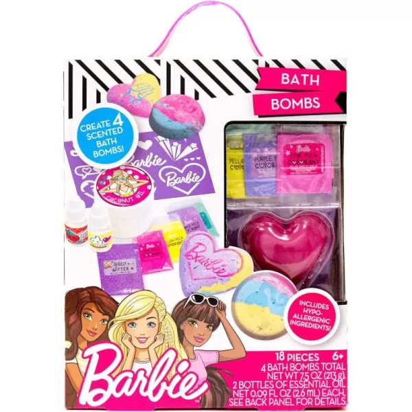 imageBarbie Make Your Own Bath Bomb Kit by Horizon Group USA DIY Four Custom Colorful ampamp SweetSmelling Bath Bombs Includes Stencil Glitter Molds Fragrances ampamp More Pink Yellow Teal ampamp PurpleCoconut