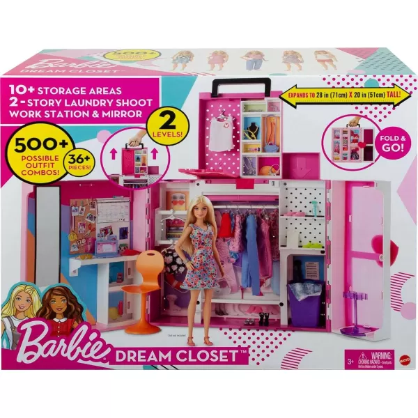 imageBarbie Dream Closet Playset with 35 Doll Clothes ampamp Accessories Includes 5 Complete Looks PopUp Second Level Mirror ampamp Laundry ChuteDream Closet