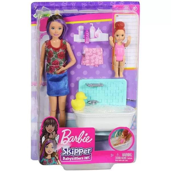 imageBarbie Skipper Babysitters Inc Bedtime Playset with Babysitting Skipper Doll Toddler Doll with GlowintheDark Pajamas Bed Sleeping Kitty Teddy Bear Blanket and Storybook for Kids 37 Years OldBath Playset