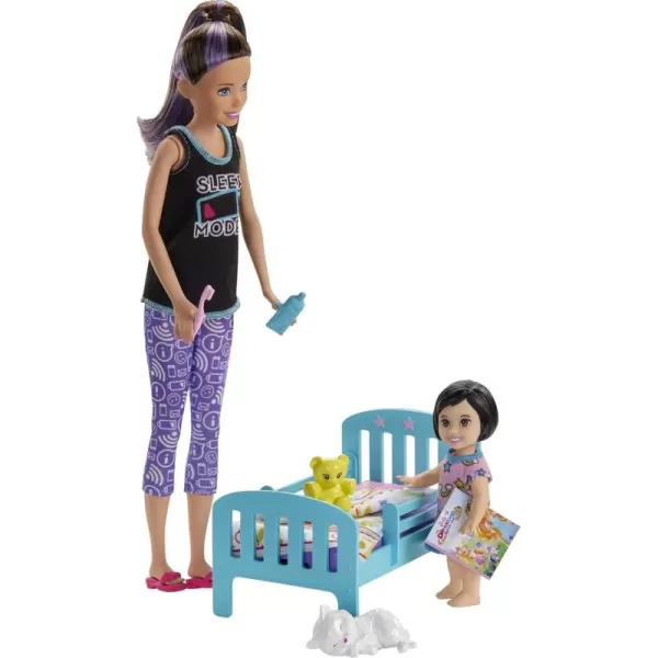 imageBarbie Skipper Babysitters Inc Bedtime Playset with Babysitting Skipper Doll Toddler Doll with GlowintheDark Pajamas Bed Sleeping Kitty Teddy Bear Blanket and Storybook for Kids 37 Years OldBedtime Playset