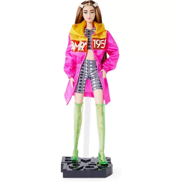 imageBarbie BMR1959 Fully Poseable Fashion Doll Tall Brunette 125inch Wearing Color Block Windbreaker Bike Shorts and Vinyl Boots with Doll Stand