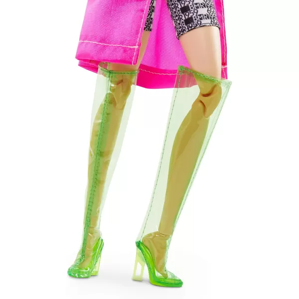 imageBarbie BMR1959 Fully Poseable Fashion Doll Tall Brunette 125inch Wearing Color Block Windbreaker Bike Shorts and Vinyl Boots with Doll Stand