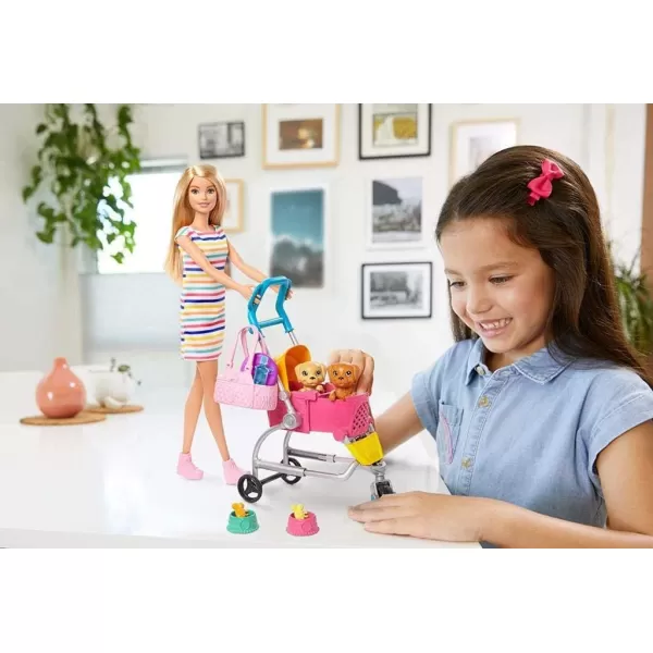 imageBarbie Dogwalking Doll ampamp Accessories Stroll ampamp Play Pups Playset with Transforming Stroller 2 Pets ampamp Handbag Blonde Doll