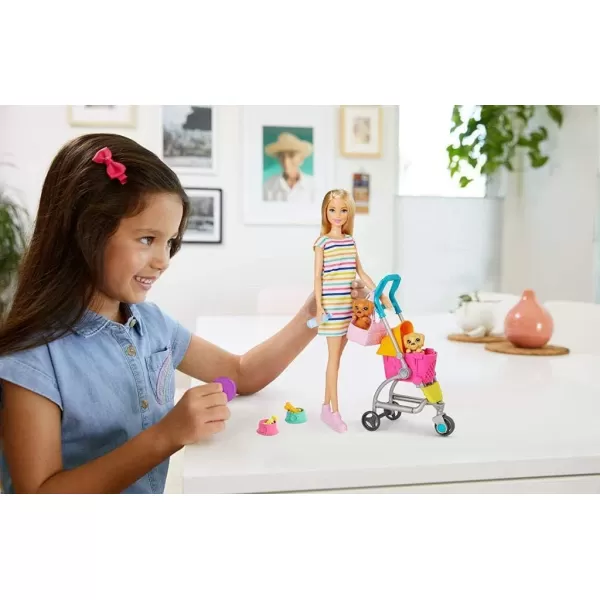 imageBarbie Dogwalking Doll ampamp Accessories Stroll ampamp Play Pups Playset with Transforming Stroller 2 Pets ampamp Handbag Blonde Doll