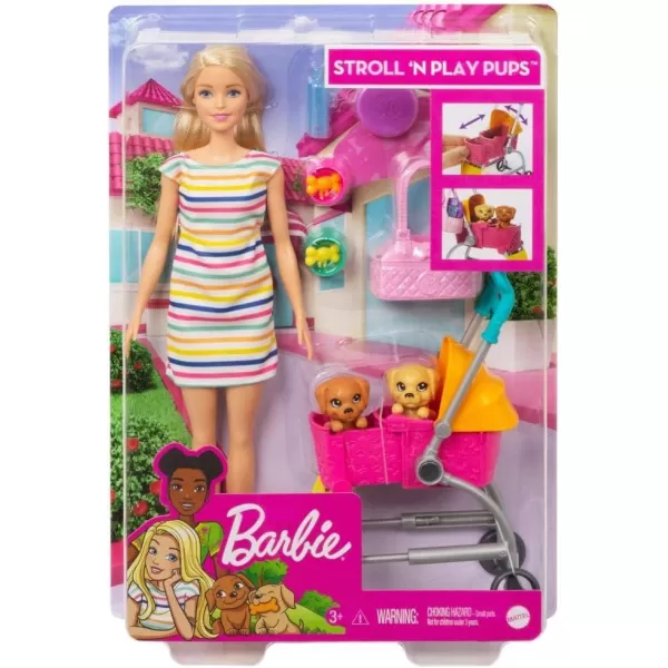 imageBarbie Dogwalking Doll ampamp Accessories Stroll ampamp Play Pups Playset with Transforming Stroller 2 Pets ampamp Handbag Blonde Doll