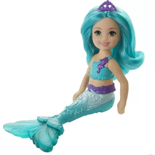 imageBarbie Dreamtopia Chelsea Mermaid Doll with Teal Hair ampamp Tail Royal Headband Accessory Small Doll Bends at WaistTeal