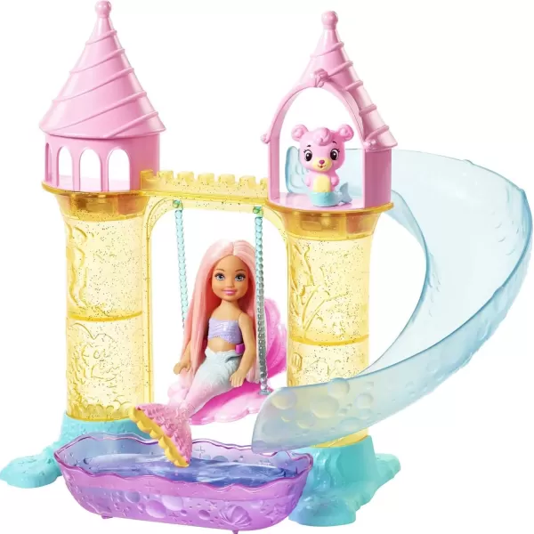 imageBarbie Dreamtopia Mermaid Playground Playset with Chelsea Mermaid Doll Merbear Friend Figure and Sand Castle Set with Swing Slide Pool and Tea Party Gift for 3 to 7 Year Olds