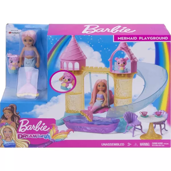 imageBarbie Dreamtopia Mermaid Playground Playset with Chelsea Mermaid Doll Merbear Friend Figure and Sand Castle Set with Swing Slide Pool and Tea Party Gift for 3 to 7 Year Olds