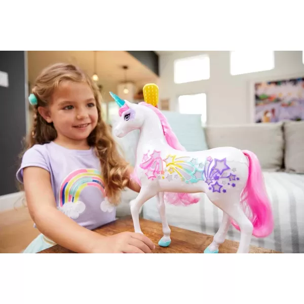 imageBarbie Dreamtopia Unicorn Brush n Sparkle Interactive Toy with Lights ampamp Sounds Magical Brush Accessory White Unicorn with Pink Mane ampamp LightUp StarsStandard