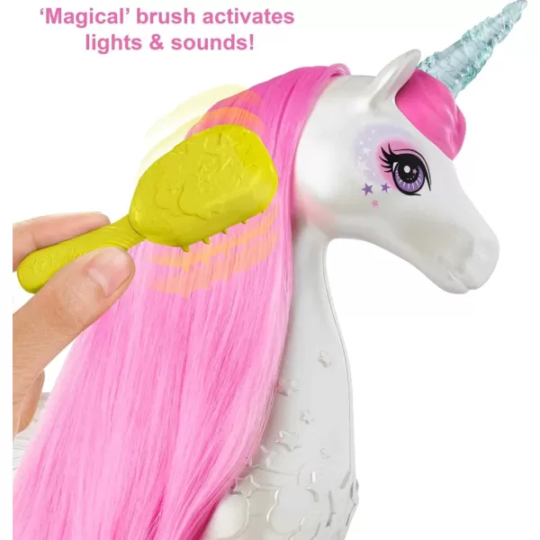 imageBarbie Dreamtopia Unicorn Brush n Sparkle Interactive Toy with Lights ampamp Sounds Magical Brush Accessory White Unicorn with Pink Mane ampamp LightUp StarsStandard