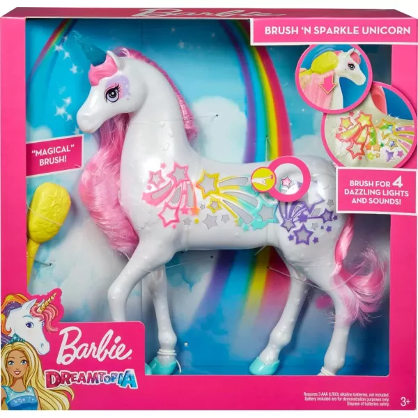 imageBarbie Dreamtopia Unicorn Brush n Sparkle Interactive Toy with Lights ampamp Sounds Magical Brush Accessory White Unicorn with Pink Mane ampamp LightUp StarsStandard