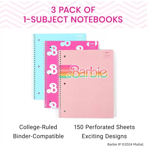 imageYoobi Barbie X College Ruled Spiral Notebook Set  3Pack of 1 Subject Notebooks Pink Blue ampamp Peach Barbie Designs  100 Perforated 3Hole Punched Sheets For School Office ampamp Home  105 x 8Barbie