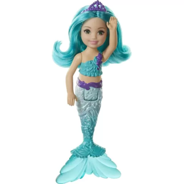 imageBarbie Dreamtopia Chelsea Mermaid Doll with Teal Hair ampamp Tail Royal Headband Accessory Small Doll Bends at WaistTeal