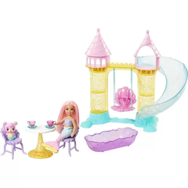 imageBarbie Dreamtopia Mermaid Playground Playset with Chelsea Mermaid Doll Merbear Friend Figure and Sand Castle Set with Swing Slide Pool and Tea Party Gift for 3 to 7 Year Olds