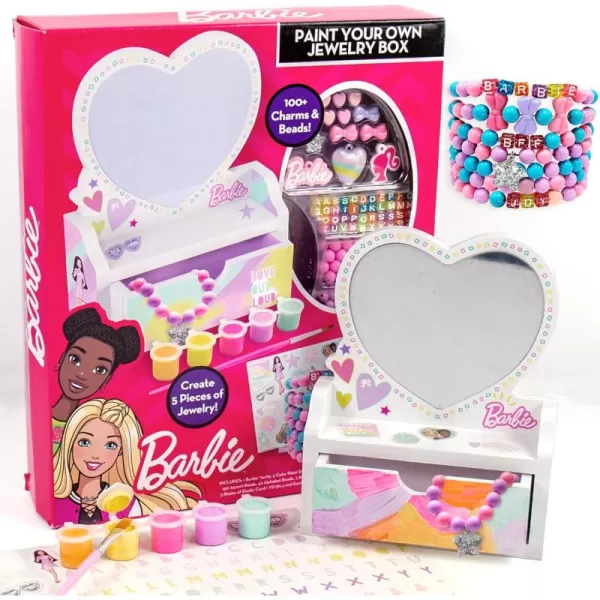 imageBarbie Paint Your Own Jewelry Box Customize A HeartShaped Vanity ampamp Jewelry Box with Acrylic Paints Create 5 Pieces of Jewelry 100 Charms ampamp Beads Bead Kit for Kids Ages 5 6 7 8