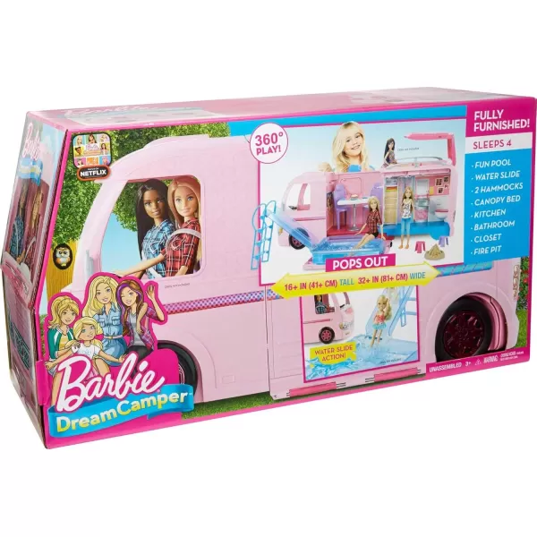 imageBarbie Camper Playset DreamCamper Toy Vehicle with 50 Accessories Including Furniture Pool ampamp Slide Hammocks ampamp FireplaceStandard Packaging