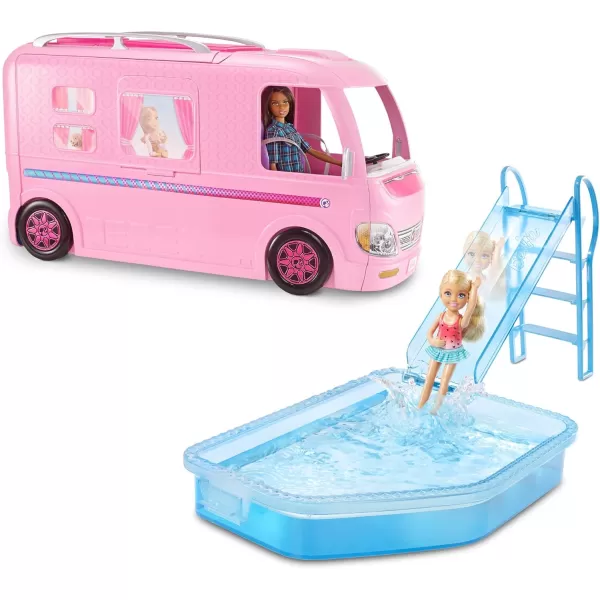 imageBarbie Camper Playset DreamCamper Toy Vehicle with 50 Accessories Including Furniture Pool ampamp Slide Hammocks ampamp FireplaceStandard Packaging