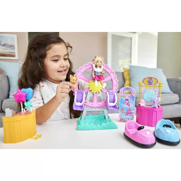 imageBarbie Club Chelsea Carnival Playset with Blonde Small Doll Pet ampamp Accessories Spinning Ferris Wheel Bumper Cars ampamp MoreCarnival