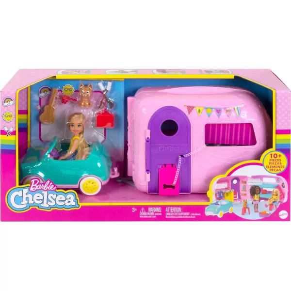 imageBarbie Club Chelsea Toy Car ampamp Camper Playset Blonde Chelsea Small Doll Puppy ampamp 10 Accessories Unhitch ampamp Open for CampsiteBarbie Club Chelsea Camper