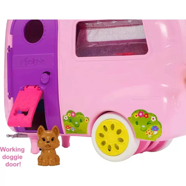 imageBarbie Club Chelsea Toy Car ampamp Camper Playset Blonde Chelsea Small Doll Puppy ampamp 10 Accessories Unhitch ampamp Open for CampsiteBarbie Club Chelsea Camper