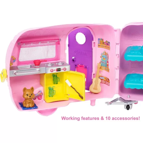 imageBarbie Club Chelsea Toy Car ampamp Camper Playset Blonde Chelsea Small Doll Puppy ampamp 10 Accessories Unhitch ampamp Open for CampsiteBarbie Club Chelsea Camper