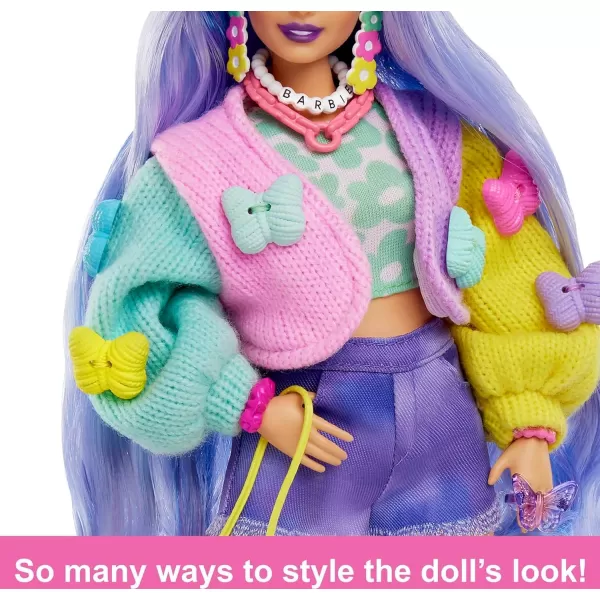 imageBarbie Extra Doll ampamp Accessories with Wavy Lavender Hair in Colorful Butterfly Sweater ampamp Pink Boots with Pet KoalaMulticolor