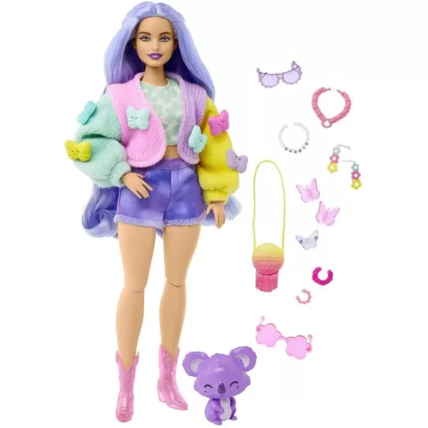 imageBarbie Extra Doll ampamp Accessories with Wavy Lavender Hair in Colorful Butterfly Sweater ampamp Pink Boots with Pet KoalaMulticolor