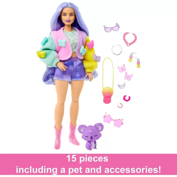 imageBarbie Extra Doll ampamp Accessories with Wavy Lavender Hair in Colorful Butterfly Sweater ampamp Pink Boots with Pet KoalaMulticolor