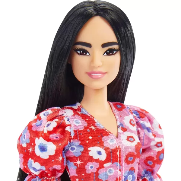 imageBarbie Fashionistas Doll 177 with Long Black Hair ampamp Color Block Floral Dress ampamp Accessories Including Strappy Purple Heels ampamp Butterfly RingMulticolor