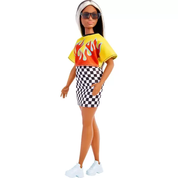 imageBarbie Fashionistas Doll 179 Curvy with Long Highlighted Hair Flame Crop Top Checkered Skirt ampamp Accessories Including Sneakers ampamp Sunglasses