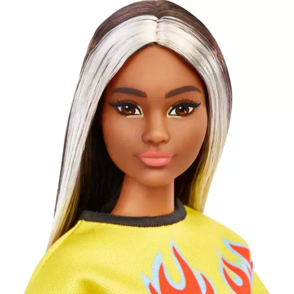 imageBarbie Fashionistas Doll 179 Curvy with Long Highlighted Hair Flame Crop Top Checkered Skirt ampamp Accessories Including Sneakers ampamp Sunglasses