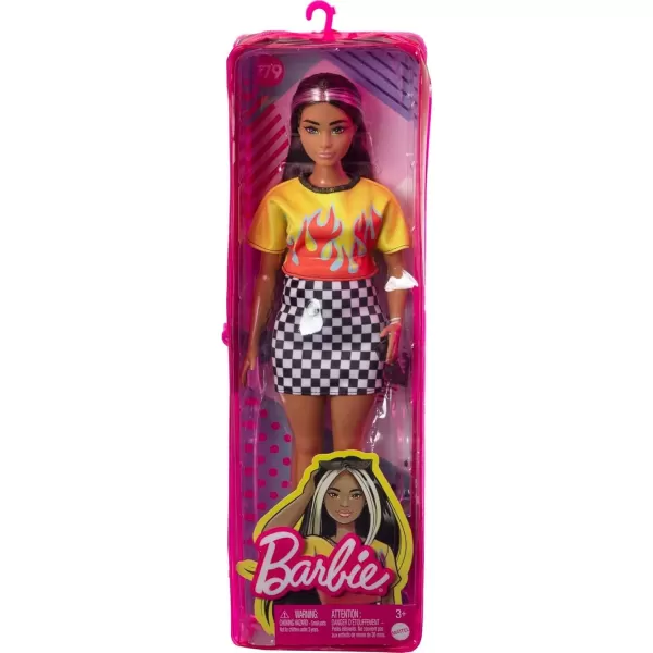 imageBarbie Fashionistas Doll 179 Curvy with Long Highlighted Hair Flame Crop Top Checkered Skirt ampamp Accessories Including Sneakers ampamp Sunglasses